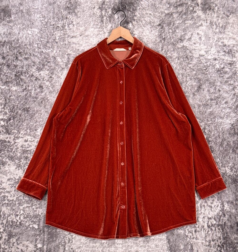 Soft Surroundings Tunic Top 2X Womens Orange Crushed Velvet Button Down Shirt
